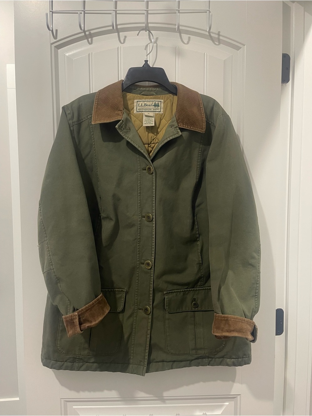 L.L. Bean Women’s Insulated Green Chore Jacket with Brown Corduroy Trim | Medium